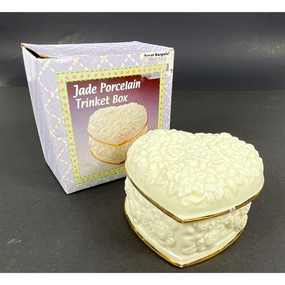 Vtg Jade Porcelain Heart Trinket Box White Embossed Floral Gold Trim Jewelry